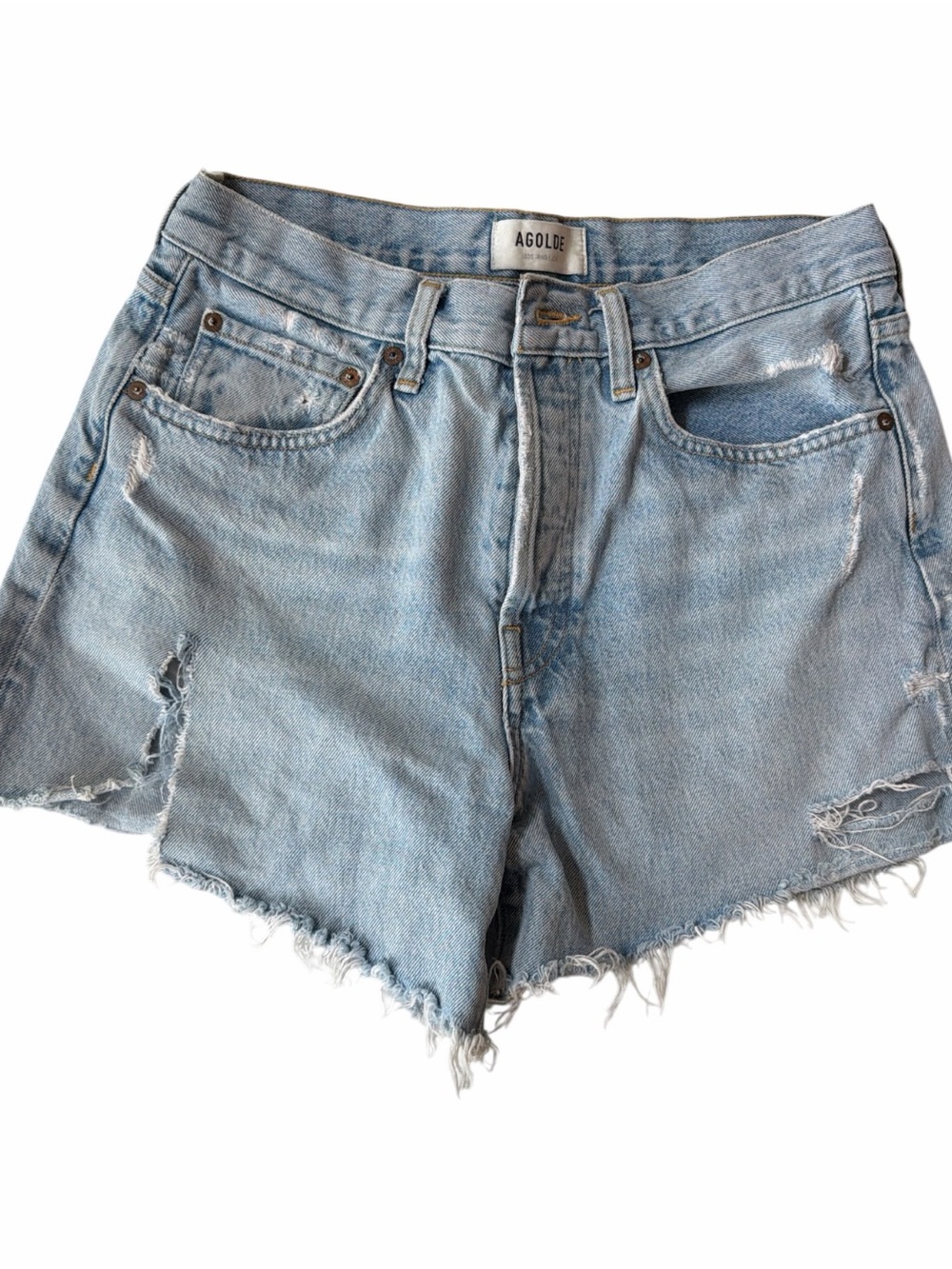 Agolde Light Blue Distressed High-Rise Denim Shorts